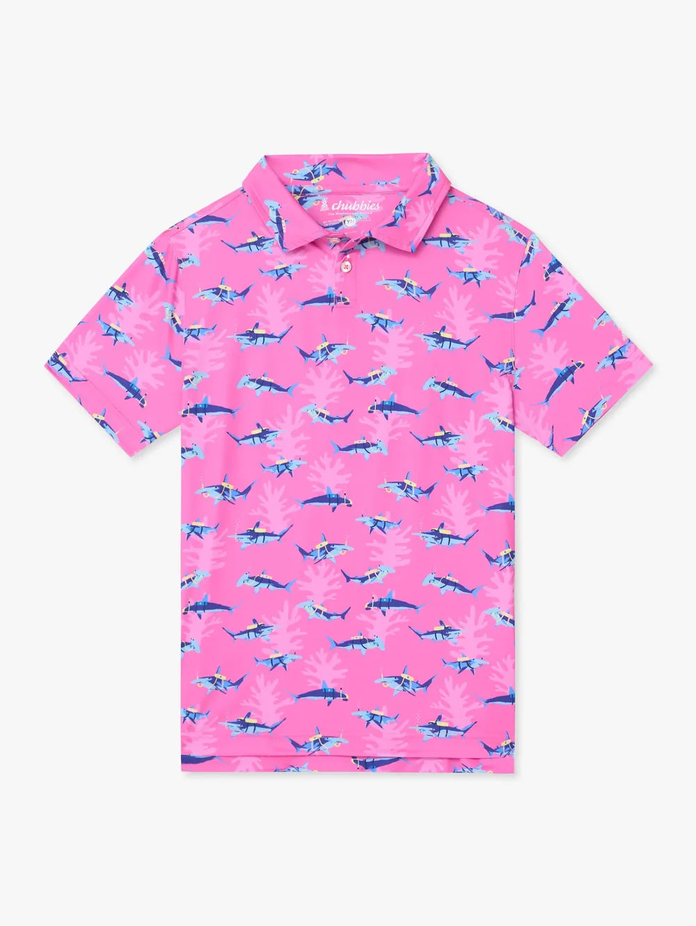 The Great Pink Shark (Boys Performance Polo) - Image 1 - Chubbies Shorts