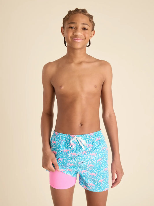 The Domingos Are For Flamingos (Boys Lined Classic Swim Trunk- Shorter) - Image 1 - Chubbies Shorts